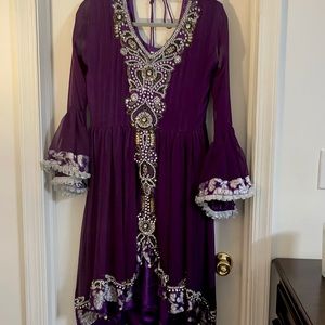 Purple high low heavy work three piece shalwar/ kamis Custom made from India